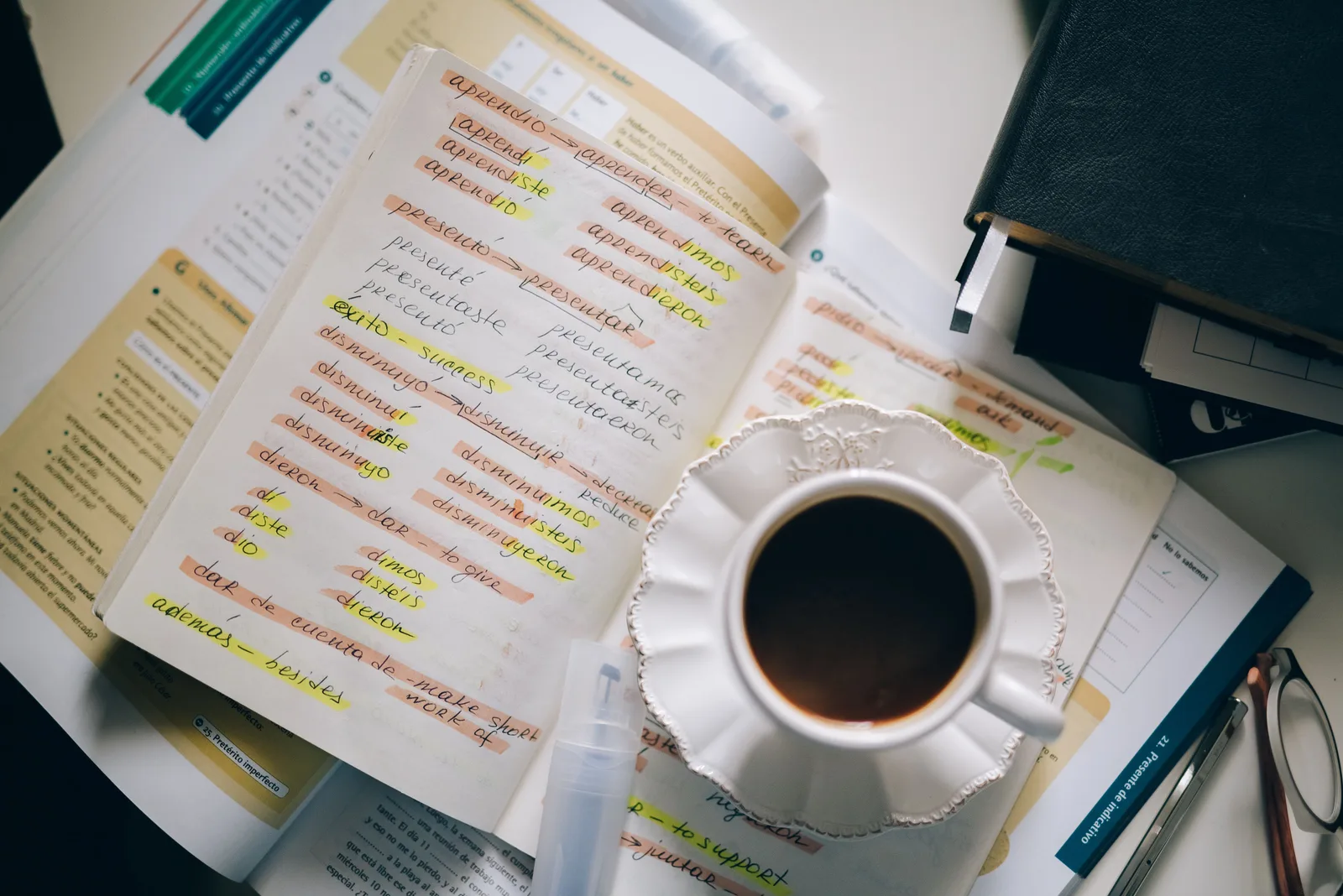 A cup of coffee on handwritten Spanish notes for language learning inspiration. How to design translation agency service packages and their boundaries